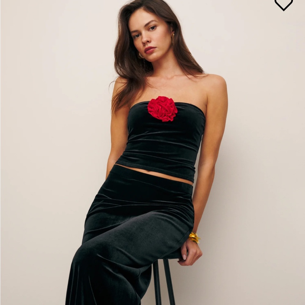 Reformation Black Velvet Strapless Maxi Skirt Set with Red Flower